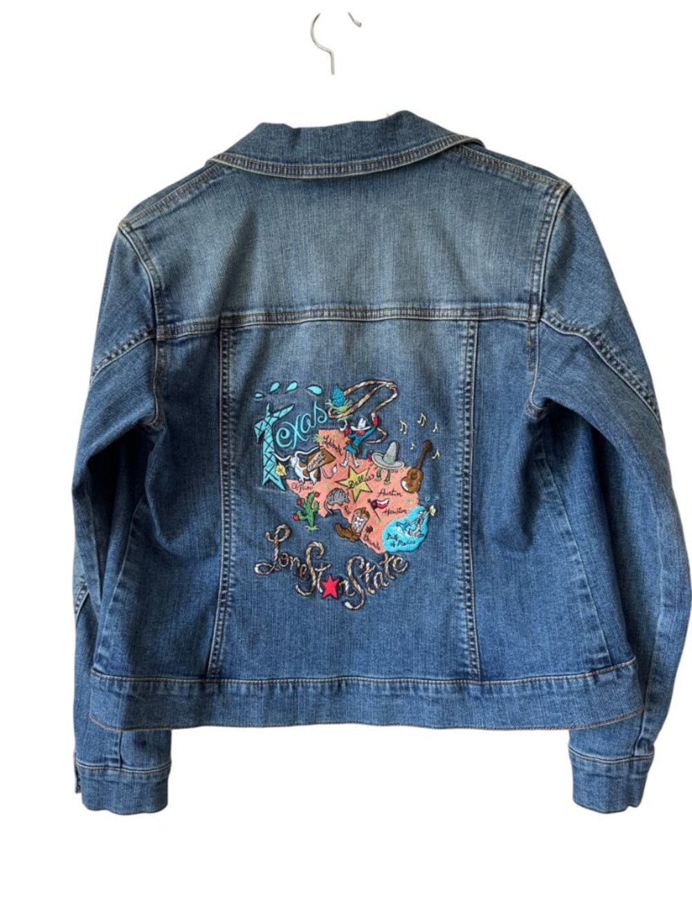 Coldwater Creek Jean Jacket Sz P10 Texas Lone Star Embroidered Graphic On Back